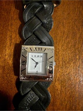 L.A.M.B. Braided Black Leather Watch with Silver Square Bezel